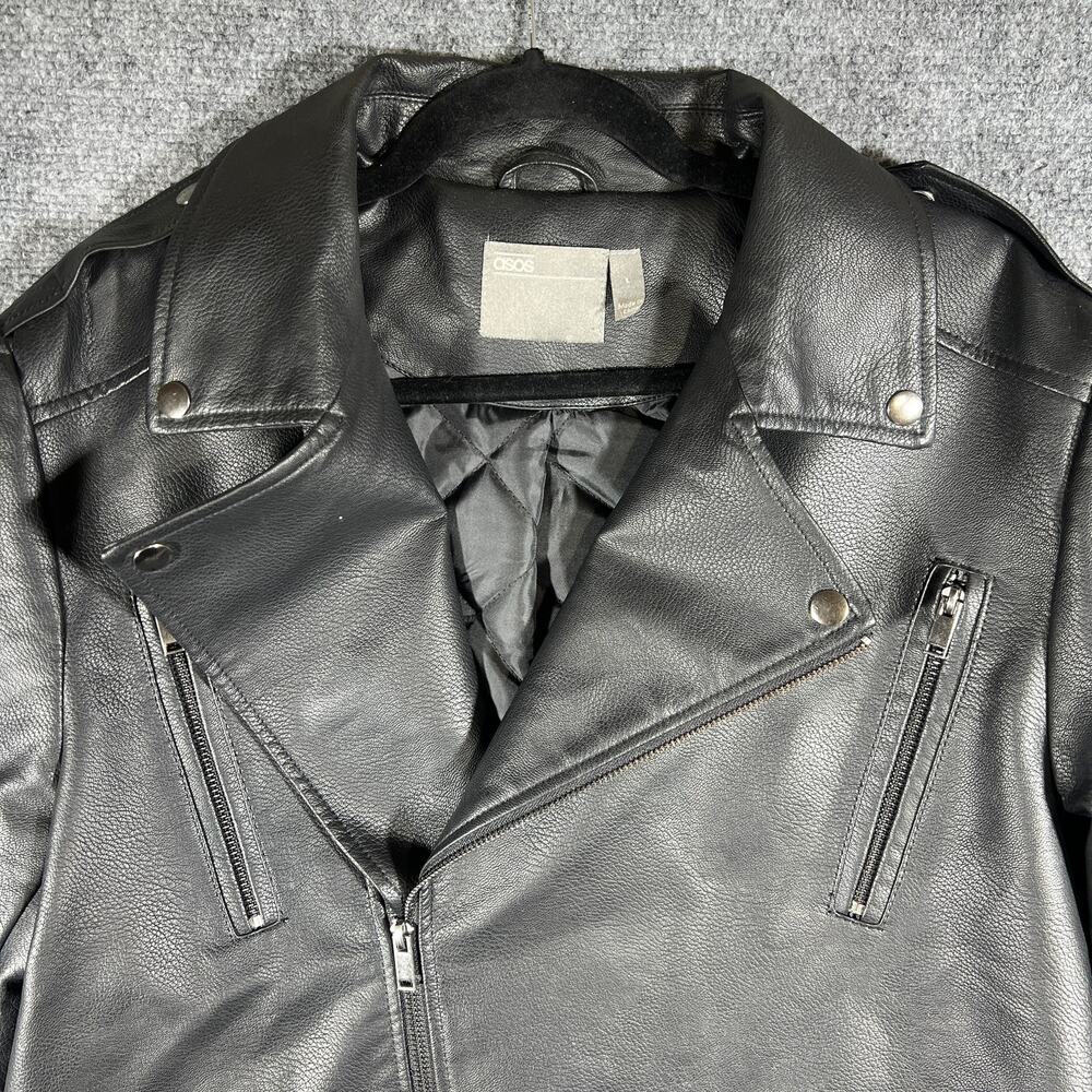 ASOS Black Faux Leather Moto Jacket Women's Large Belted Biker